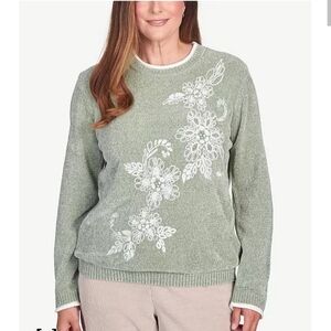 NWT Alfred Dunner St. Moritz Sweater Green Floral Embroidered Pullover PS Petite
